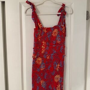 Red Floral Smocked Tie Sleeve Dress